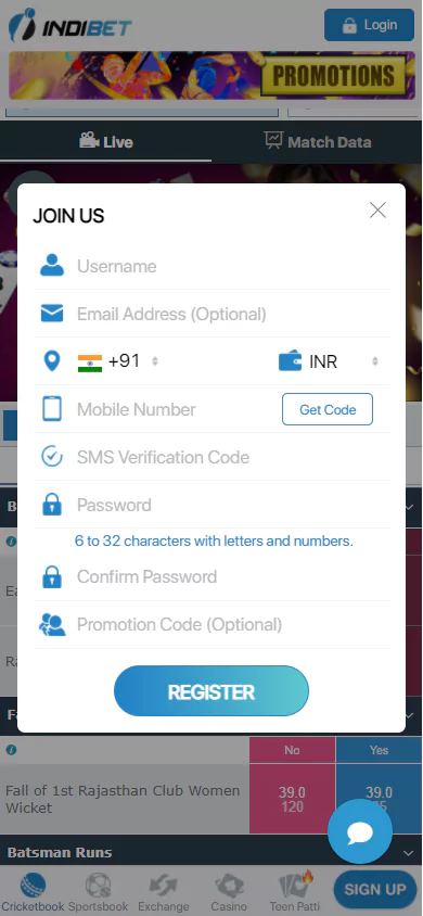 Fill the registration fields on the Indibet.