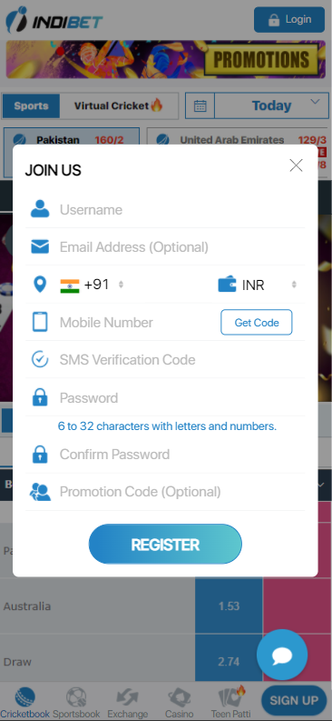 indibet registration fields and register